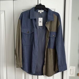 NWT no comment Two-Tone Blue and Olive Button-Up Shirt Jacket